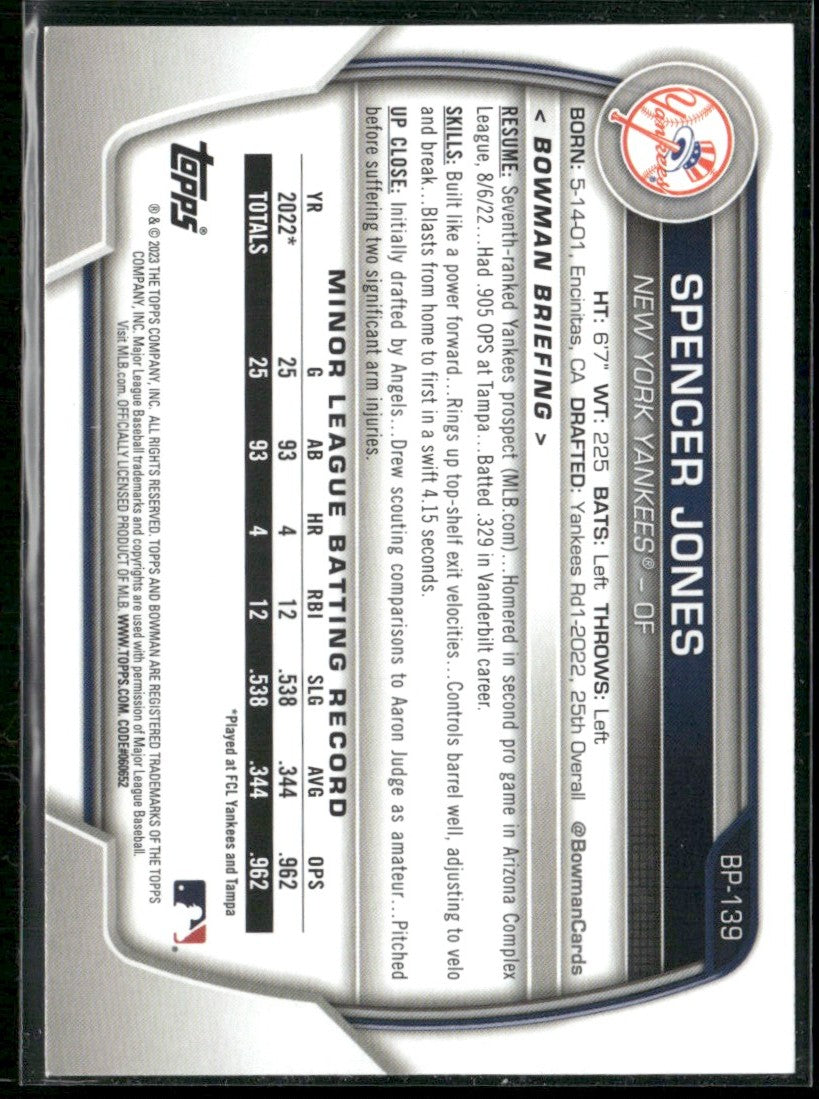 Spencer Jones 2023 Bowman 1st #BP-139 New York Yankees