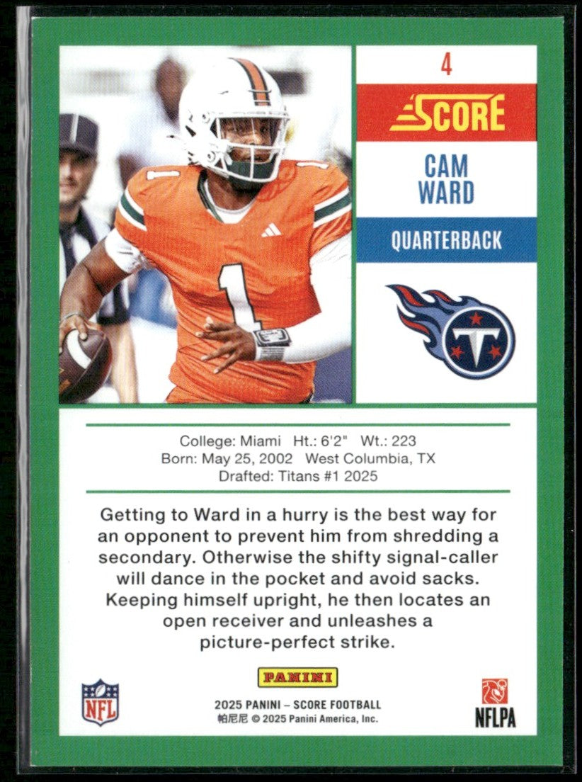 Cam Ward 2025 Panini Score RC #4 Tennessee Titans