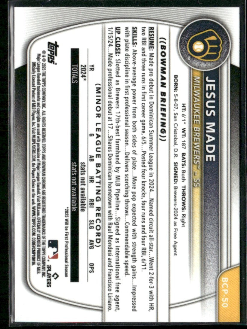 Jesus Made 2025 Bowman Chrome 1st #BCP-50 Milwaukee Brewers
