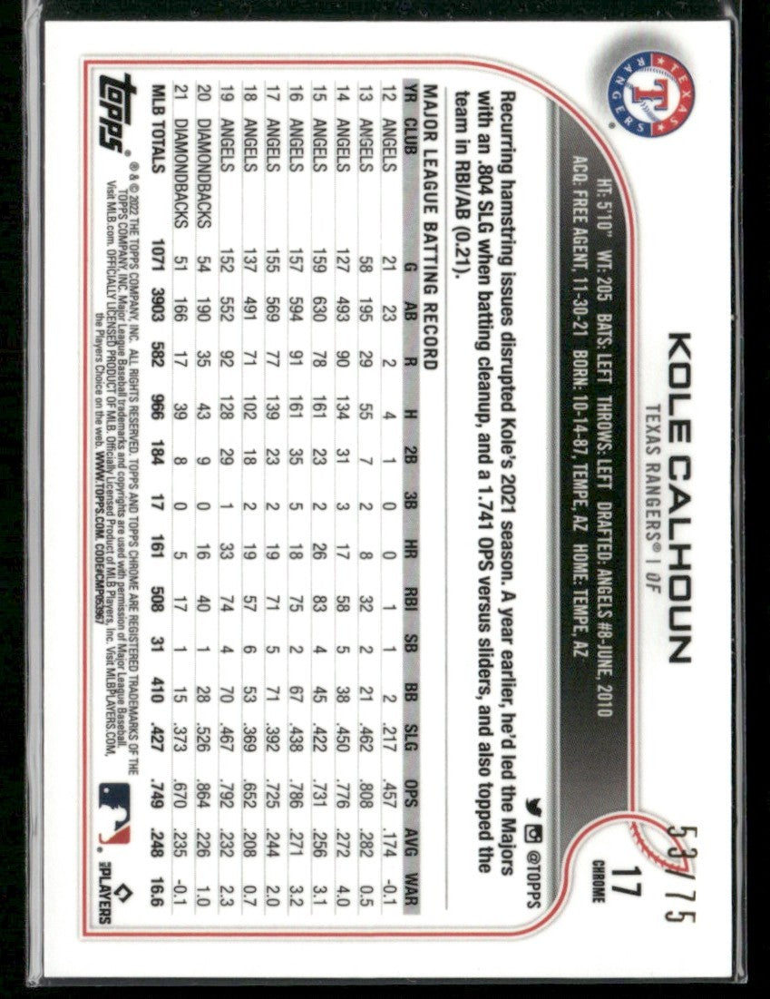 Kole Calhoun 2022 Topps Chrome Blue Wave Refractor /75 #17 Texas Rangers