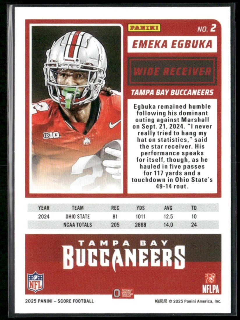 Emeka Egbuka 2025 Panini Score RC #2 Tampa Bay Buccaneers