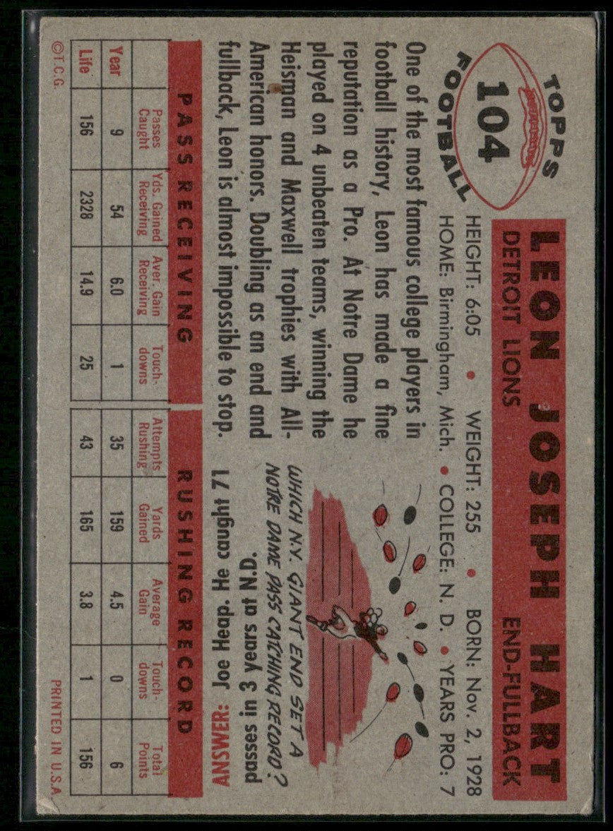 Leon Hart 1956 Topps #104 Detroit Lions