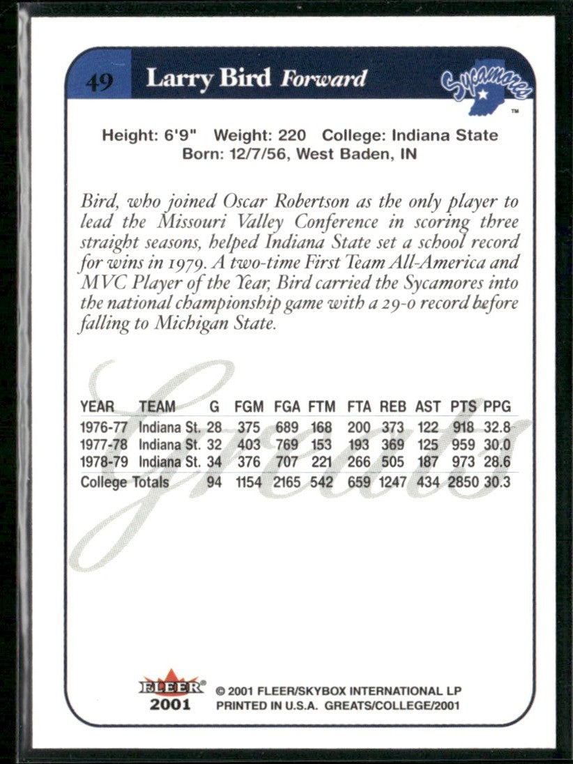 Larry Bird 2001 Fleer Greats of the Game #49 Indiana State Sycamores