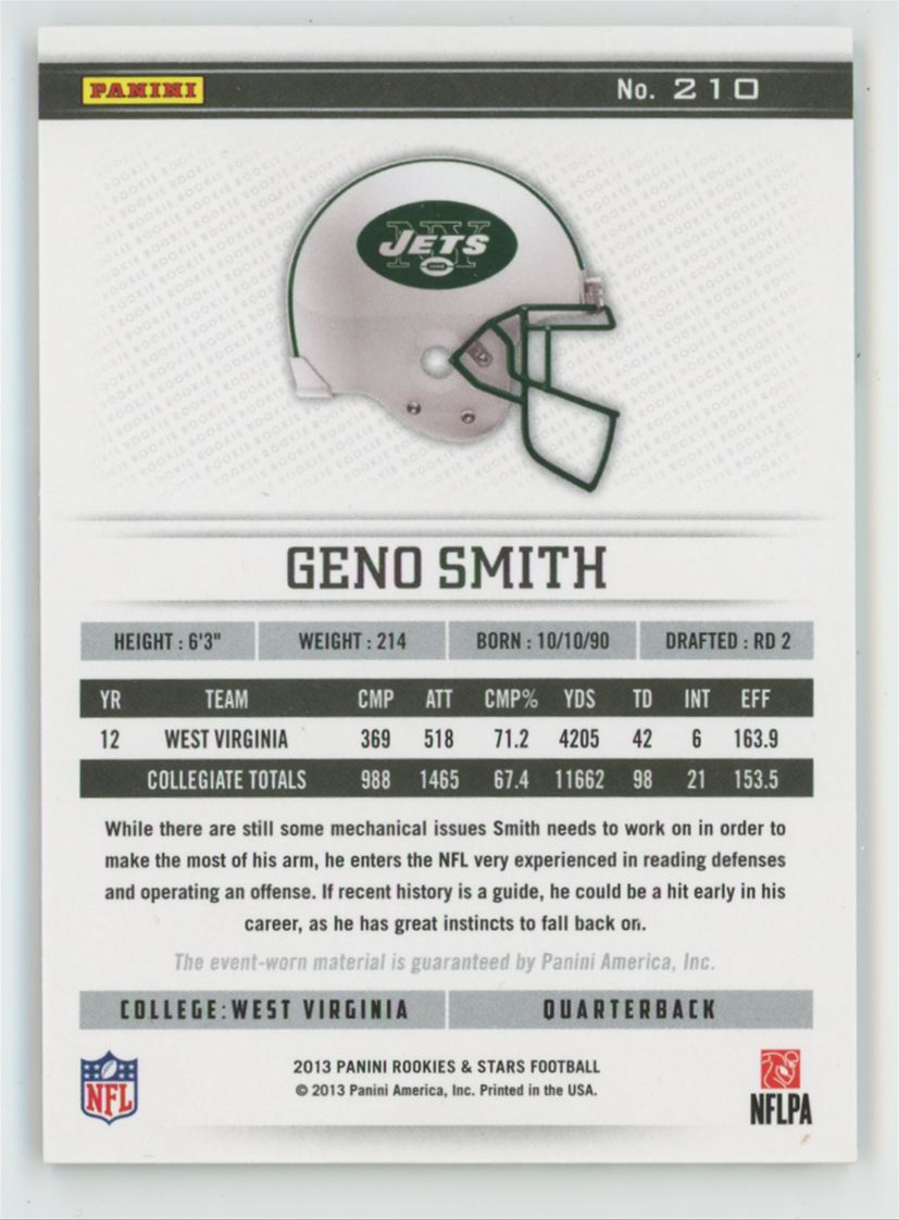 Geno Smith 2013 Panini Rookies & Stars RC Jersey #210 New York Jets