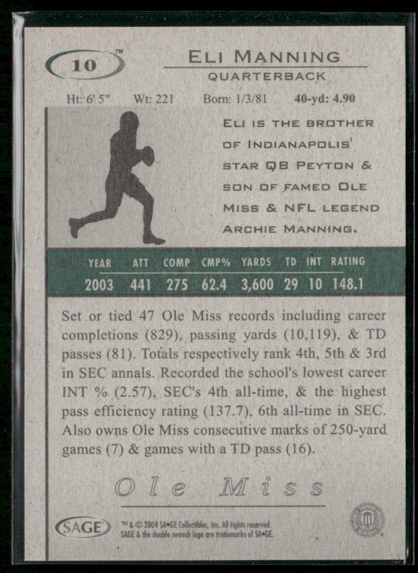 Eli Manning 2004 SAGE HIT #10 Ole Miss Rebels