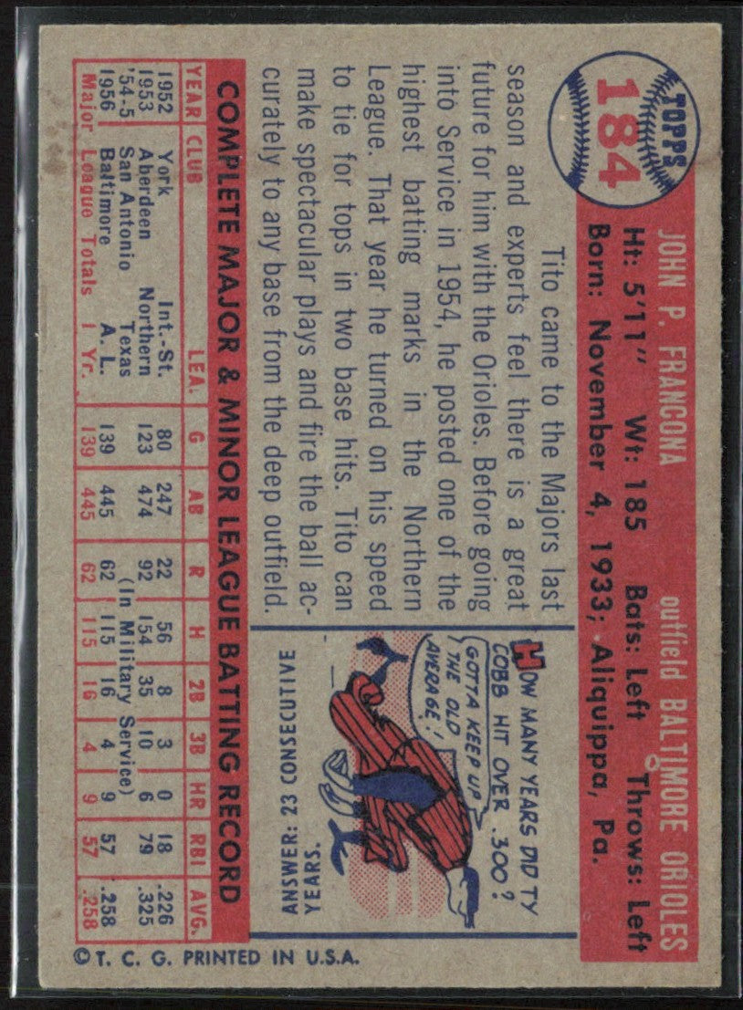 Tito Francona 1957 Topps RC #184 Baltimore Orioles