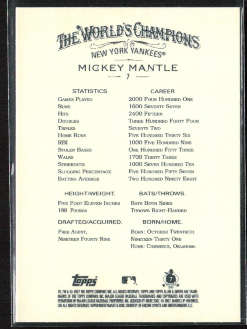 Mickey Mantle 2007 Topps Allen & Ginter #7 New York Yankees
