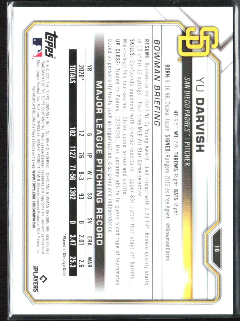 Yu Darvish 2021 Bowman Chrome Purple Refractor /250 #16 San Diego Padres
