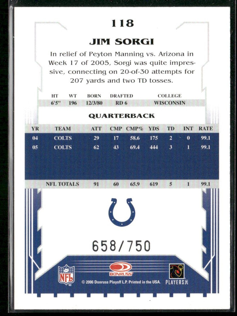 Jim Sorgi 2006 Score Scorecard /750 #118 Indianapolis Colts