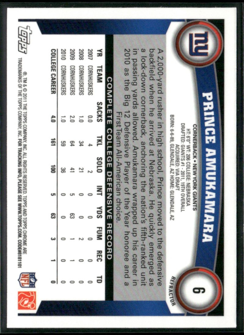 Prince Amukamara 2011 Topps Chrome X-Fractor RC #6 New York Giants