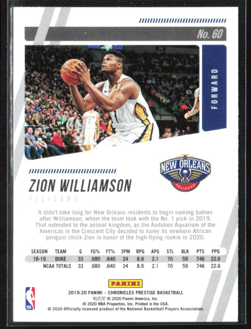 Zion Williamson 2019 Panini Chronicles Prestige Bronze RC #60