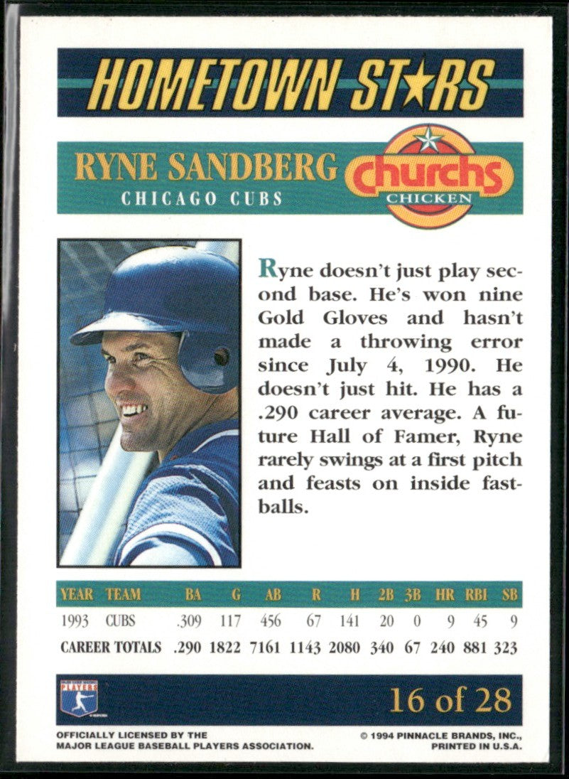 Ryne Sandberg 1994 Pinnacle Church's Chicken Hometown Stars #16 Chicago Cubs