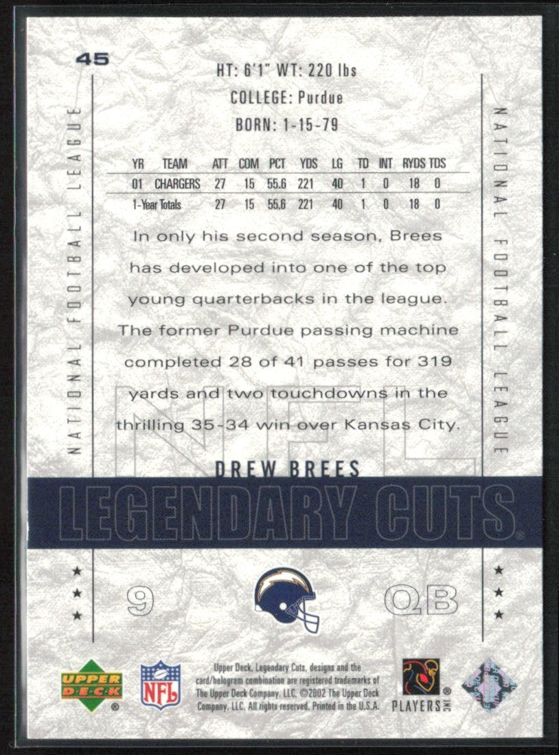 Drew Brees 2002 SP Legendary Cuts #45 San Diego Chargers