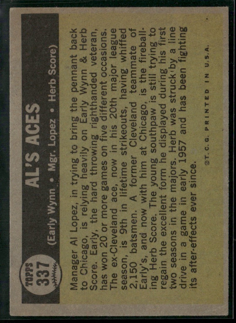 AL's Aces (Wynn/Lopez/Score) 1961 Topps #337 Chicago White Sox