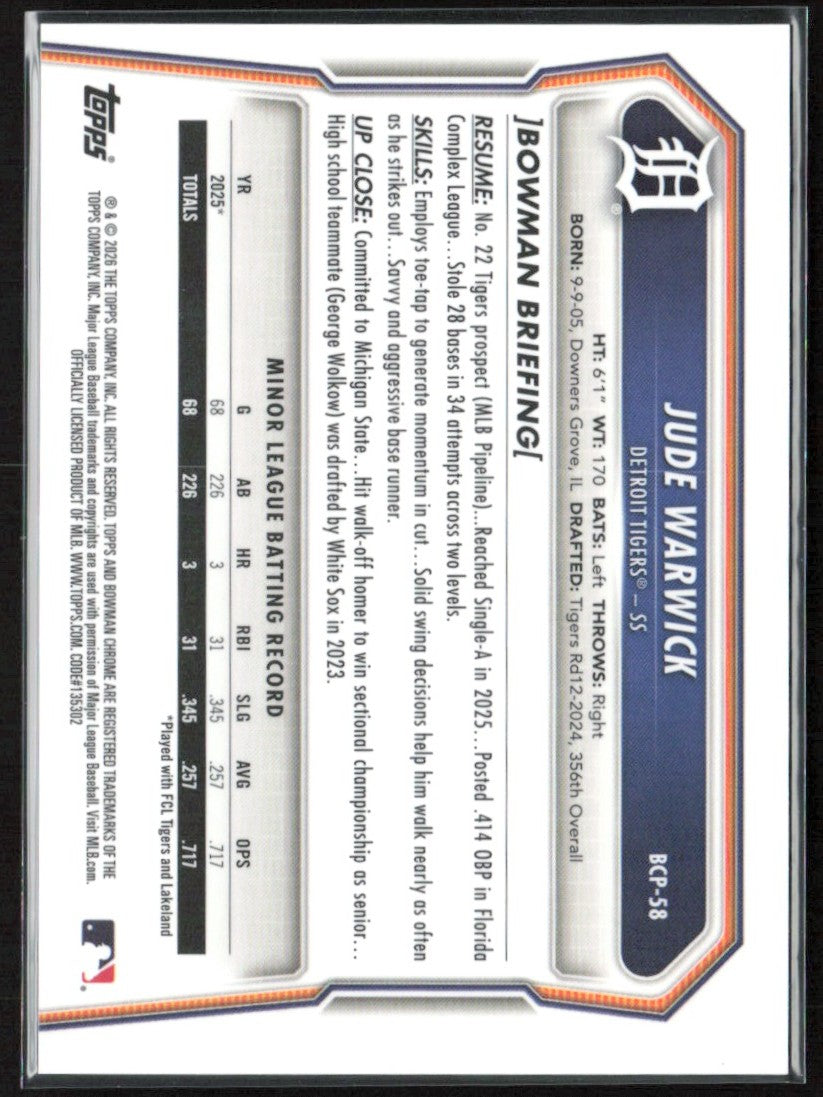 Jude Warwick 2026 Bowman Chrome Reptilian #BCP-58 Detroit Tigers