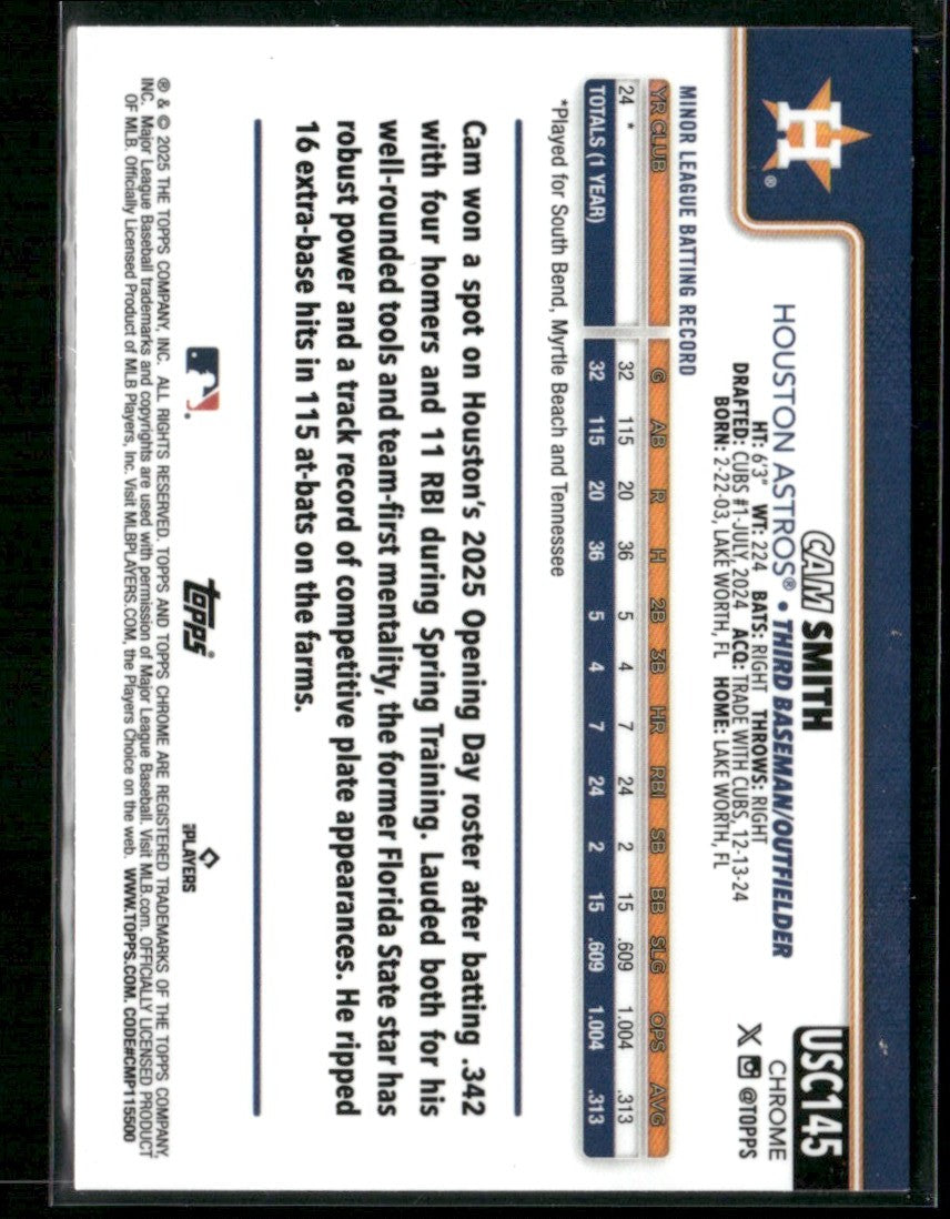 Cam Smith 2025 Topps Chrome Update RC #USC145 Houston Astros