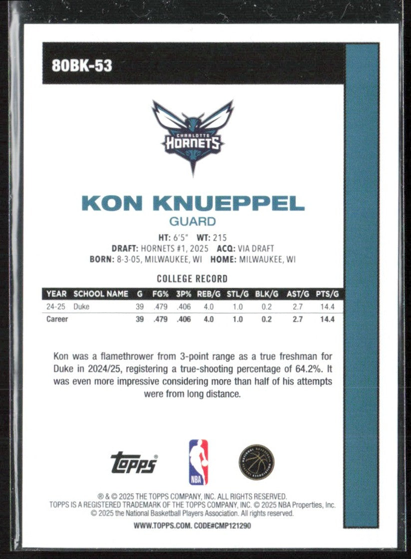 Kon Knueppel 2025 Topps 1980 RC #80BK-53 Charlotte Hornets