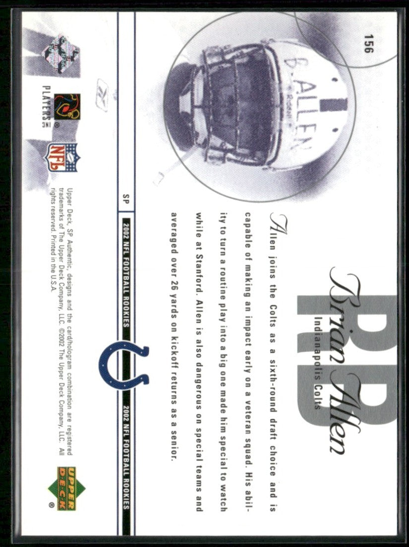 Brian Allen 2002 SP Authentic RC /1150 #156 Indianapolis Colts