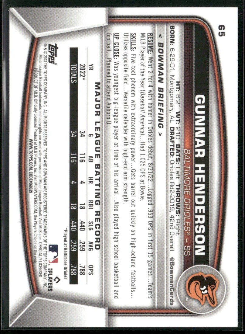 Gunnar Henderson 2023 Bowman RC #65 Baltimore Orioles