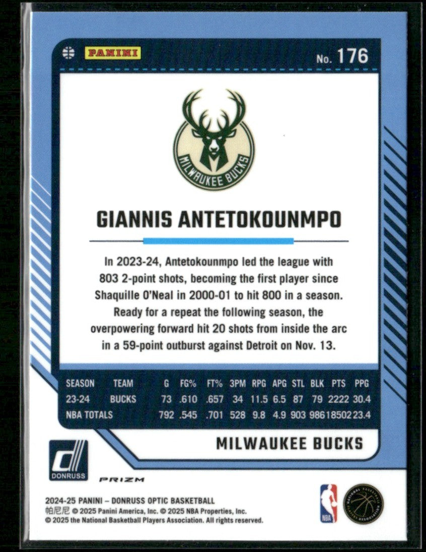 Giannis Antetokounmpo 2024 Donruss Optic Holo Silver Prizm #176 Milwaukee Bucks