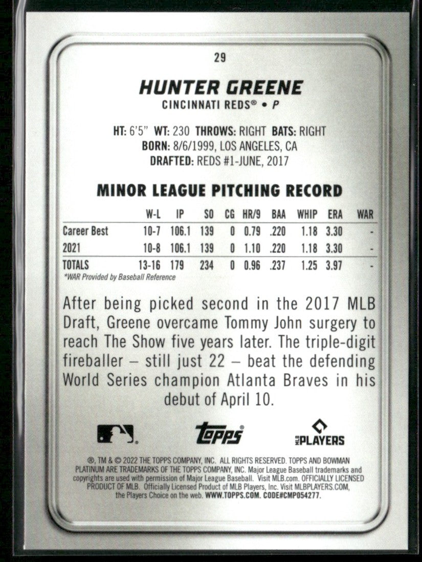 Hunter Greene 2022 Bowman Platinum RC #29 Cincinnati Reds