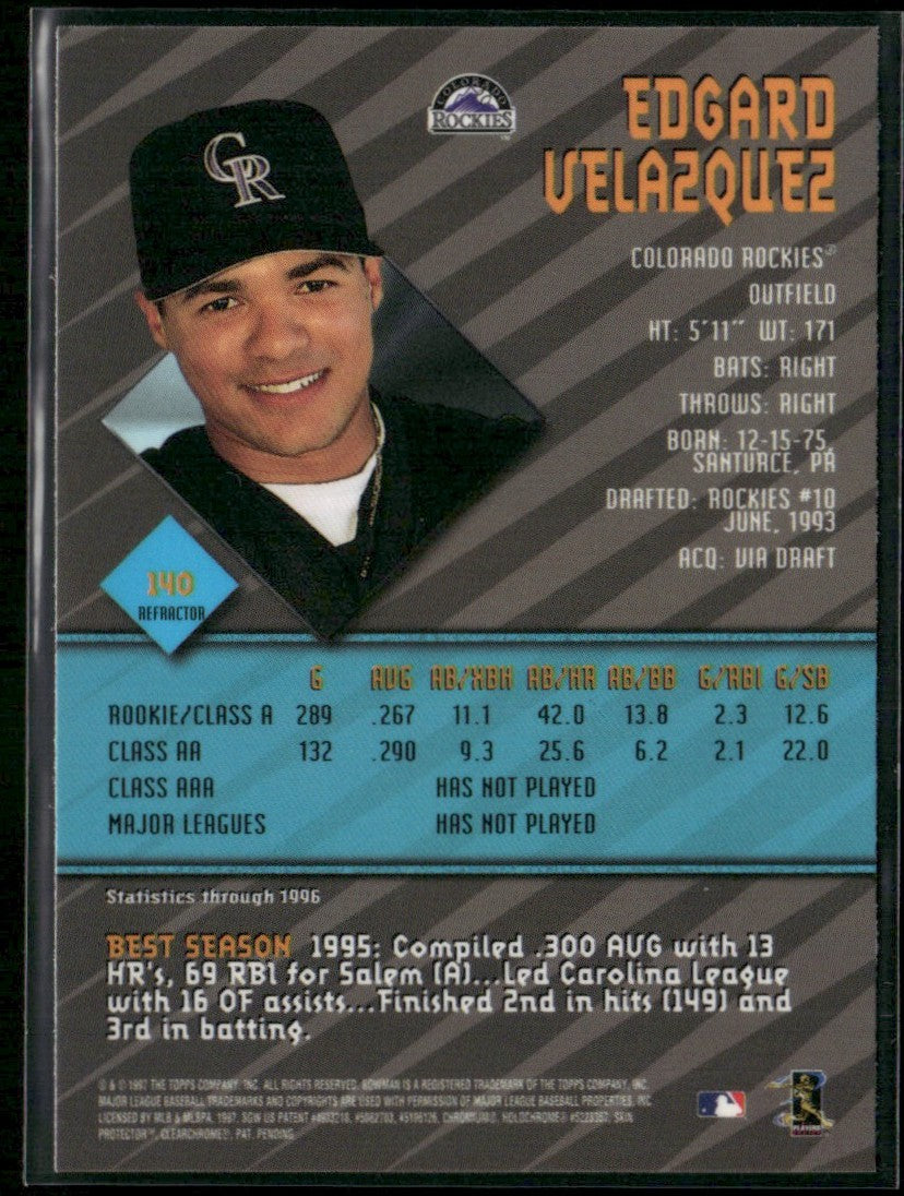 Edgard Velazquez 1997 Bowman's Best Refractor #140 Colorado Rockies