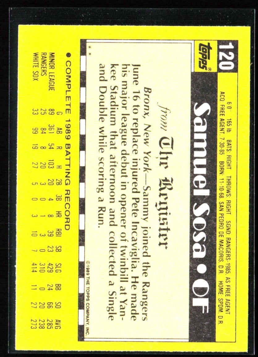 Sammy Sosa 1989 Topps Major League Debut RC #120 Texas Rangers