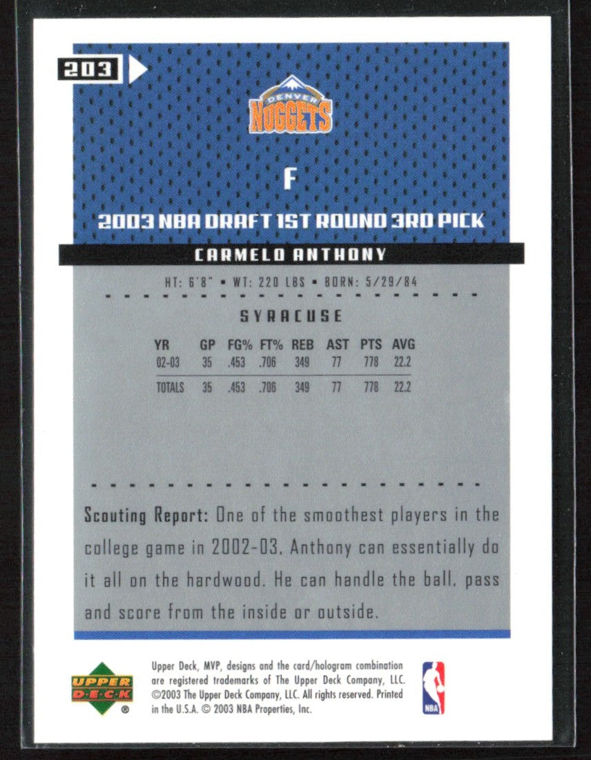 Carmelo Anthony 2003 Upper Deck MVP RC #203 Denver Nuggets
