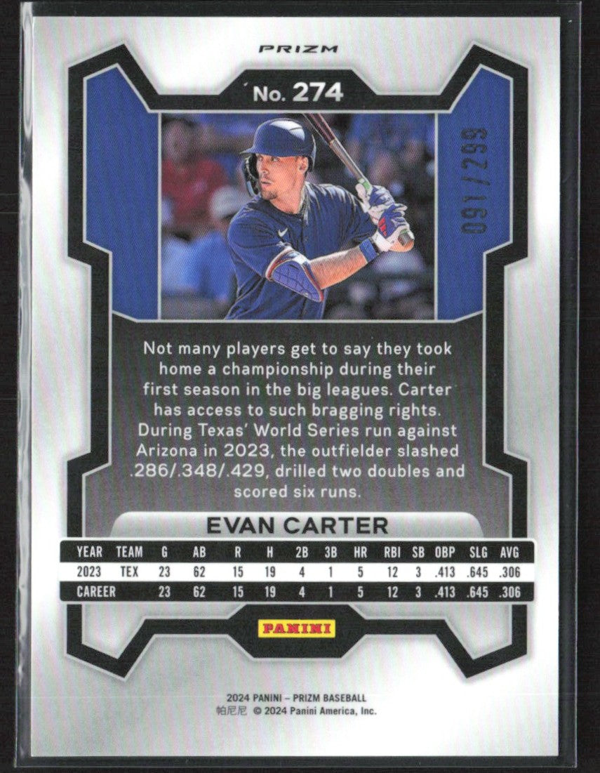 Evan Carter 2024 Panini Prizm Red RC /299 #274 Texas Rangers