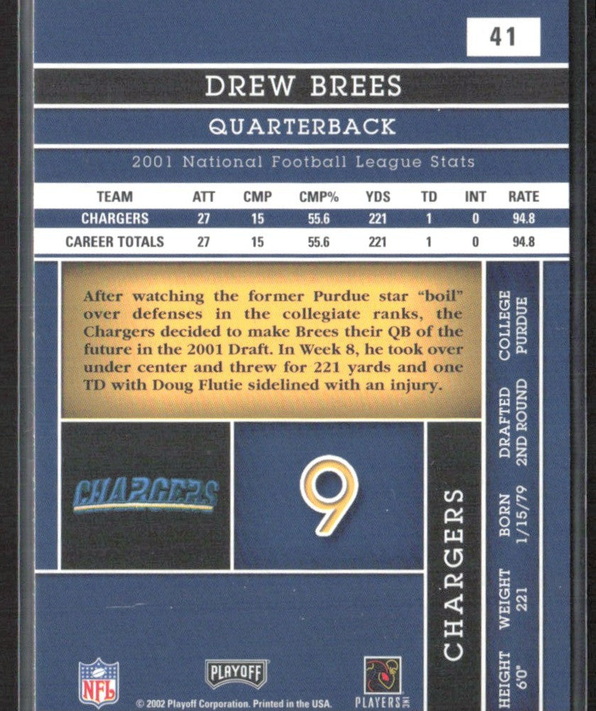 Drew Brees 2002 Playoff Absolute Memorabilia #41 San Diego Chargers