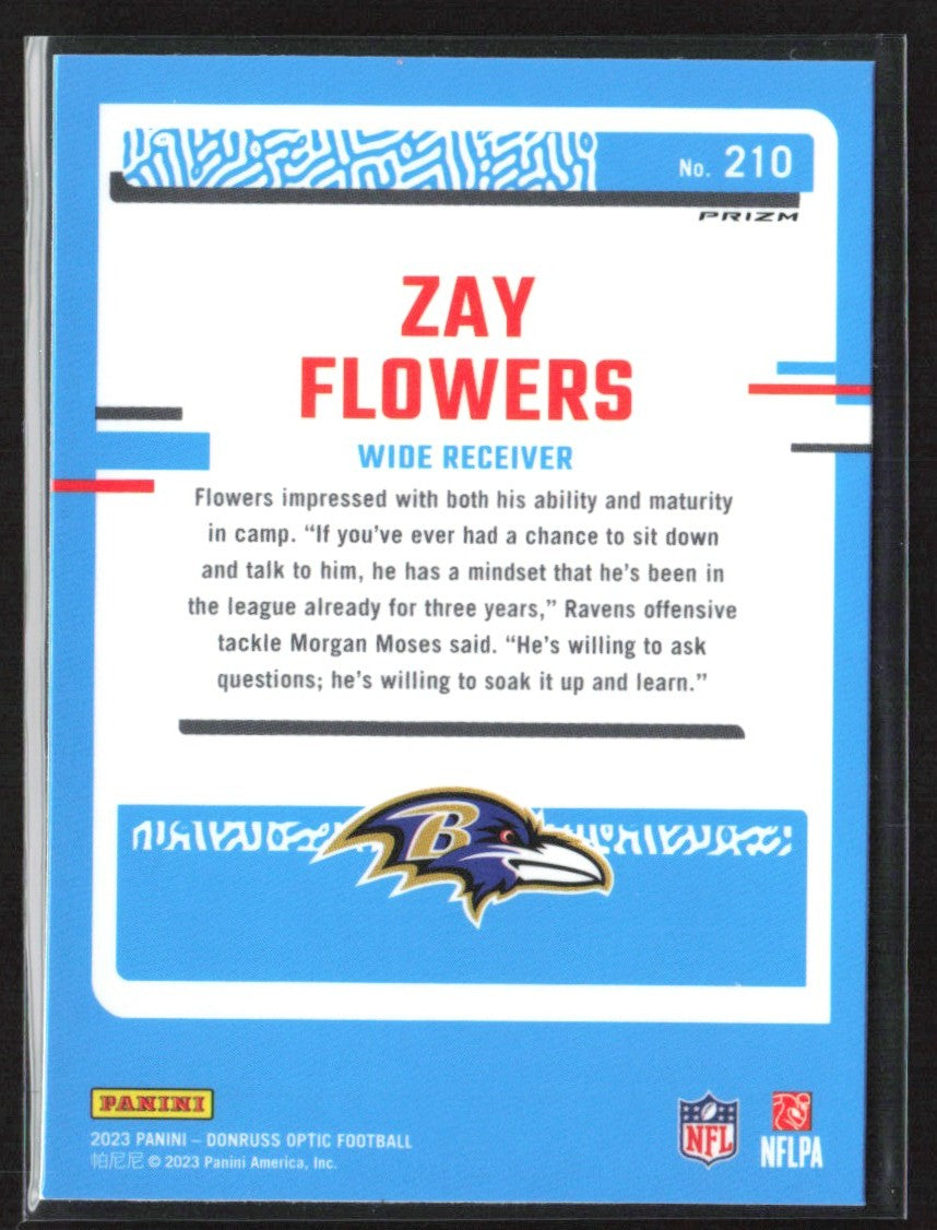 Zay Flowers 2023 Donruss Optic Silver Holo Prizm RC #210 Baltimore Ravens