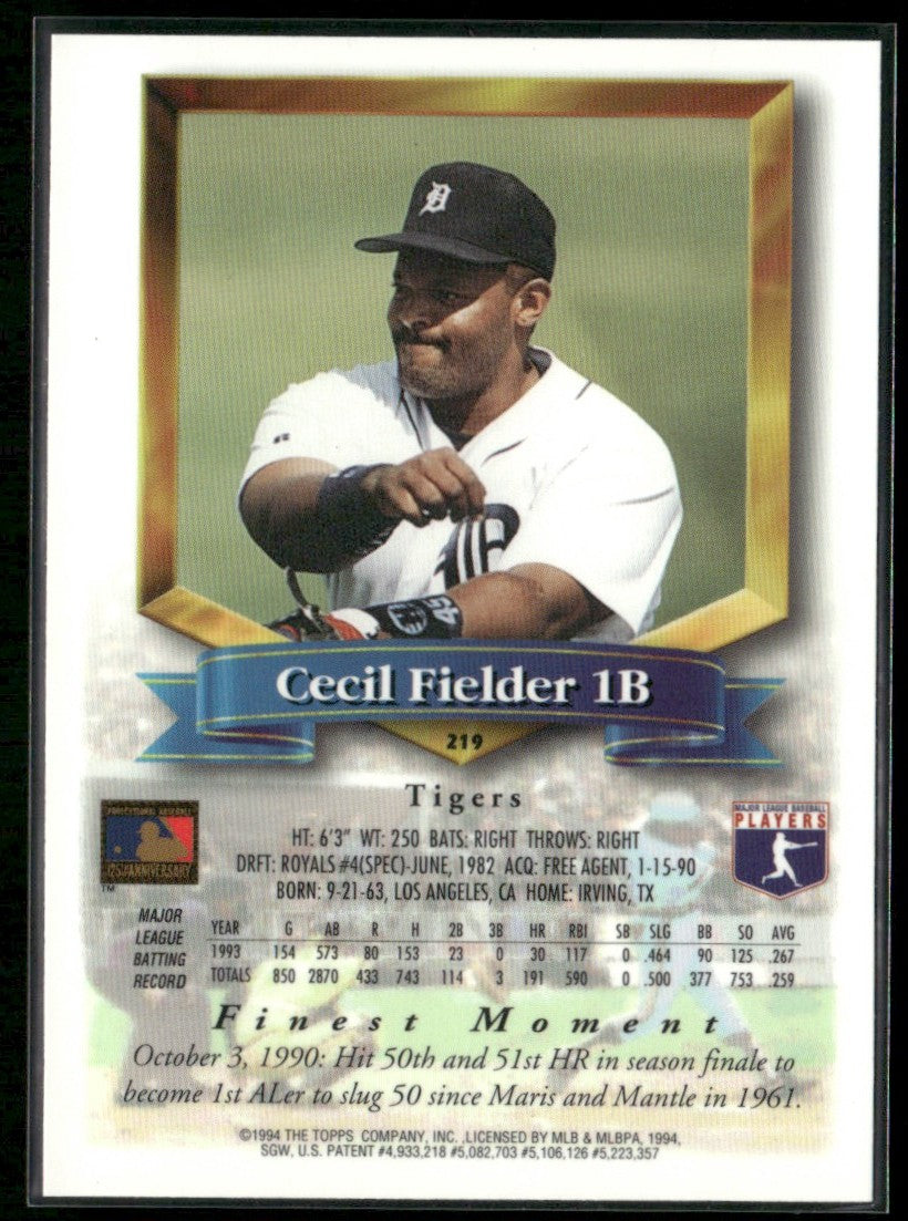 Cecil Fielder 1994 Topps Finest #219 Detroit Tigers
