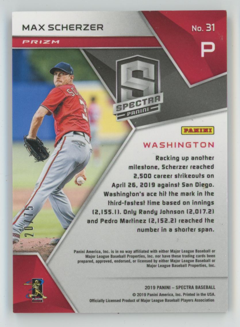Max Scherzer 2019 Panini Spectra Pink Prizm /75 #31 Washington Nationals