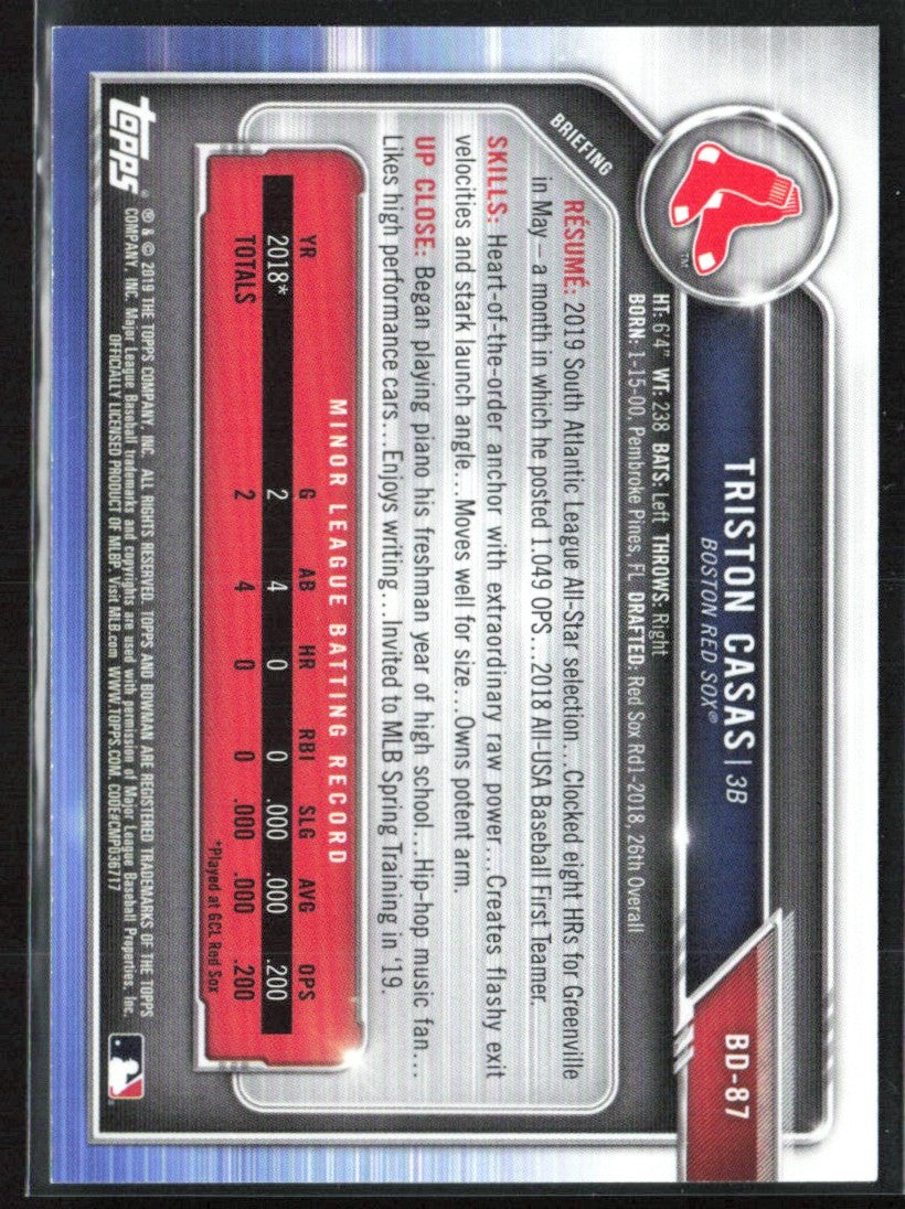 Triston Casas 2019 Bowman Draft Purple /250 #BD-87 Boston Red Sox