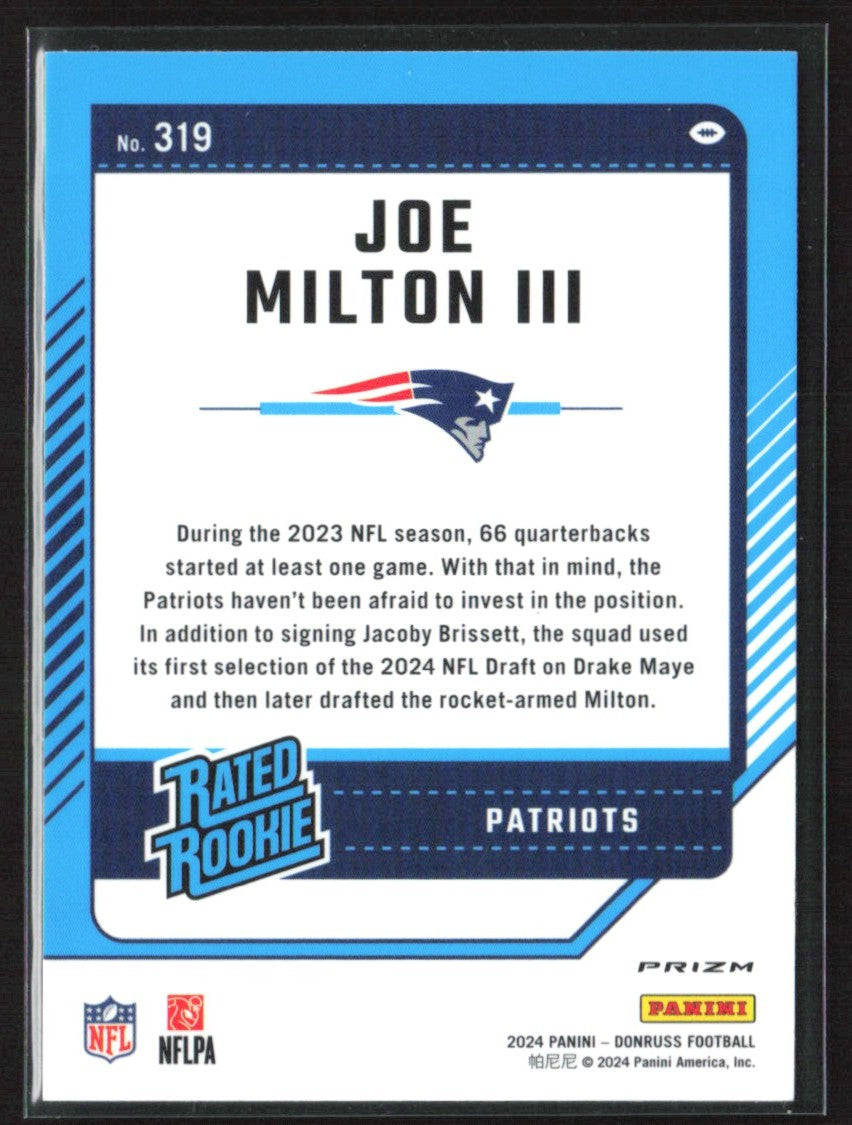 Joe Milton III 2024 Donruss Optic Preview Red Wave RC #319 New England Patriots