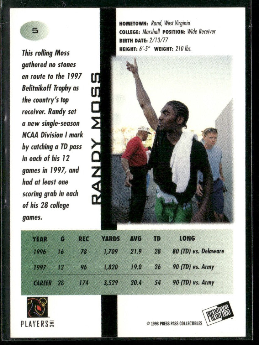 Randy Moss 1998 Press Pass #5 Marshall Thundering Herd