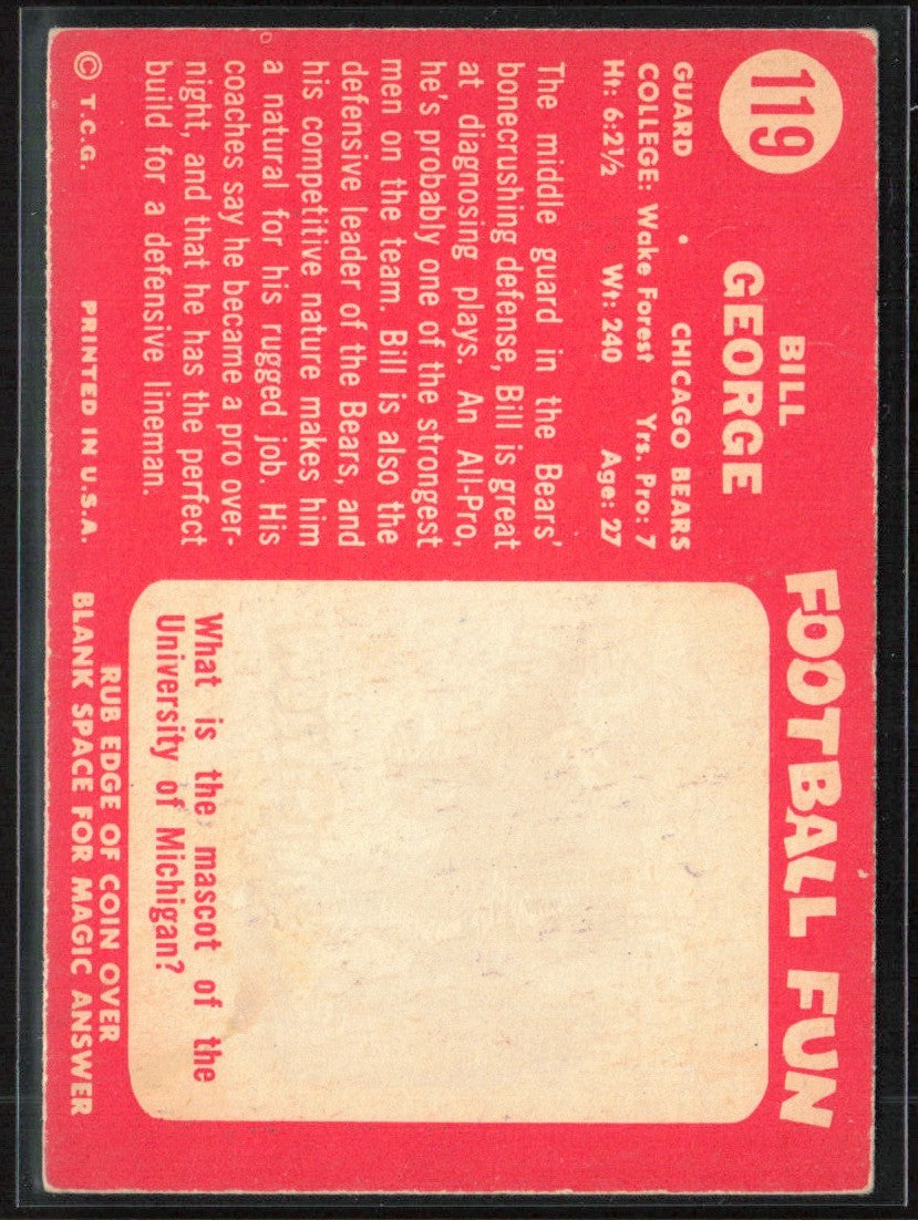 Bill George 1958 Topps #119 Chicago Bears