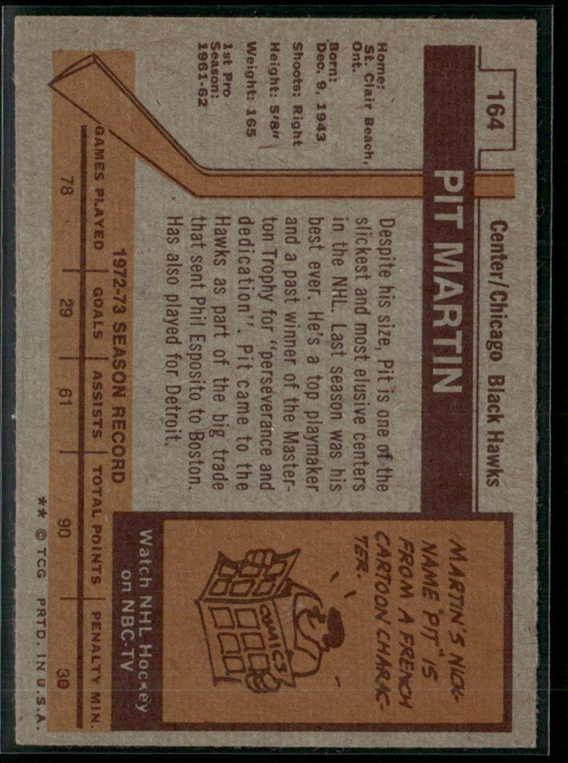 Pit Martin 1973 Topps #164 Chicago Blackhawks