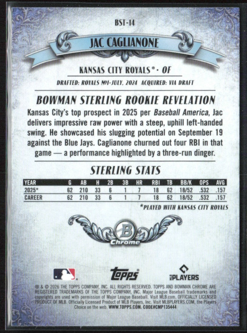 Jac Caglianone 2026 Bowman Chrome Sterling RC #BST-14 Kansas City Royals