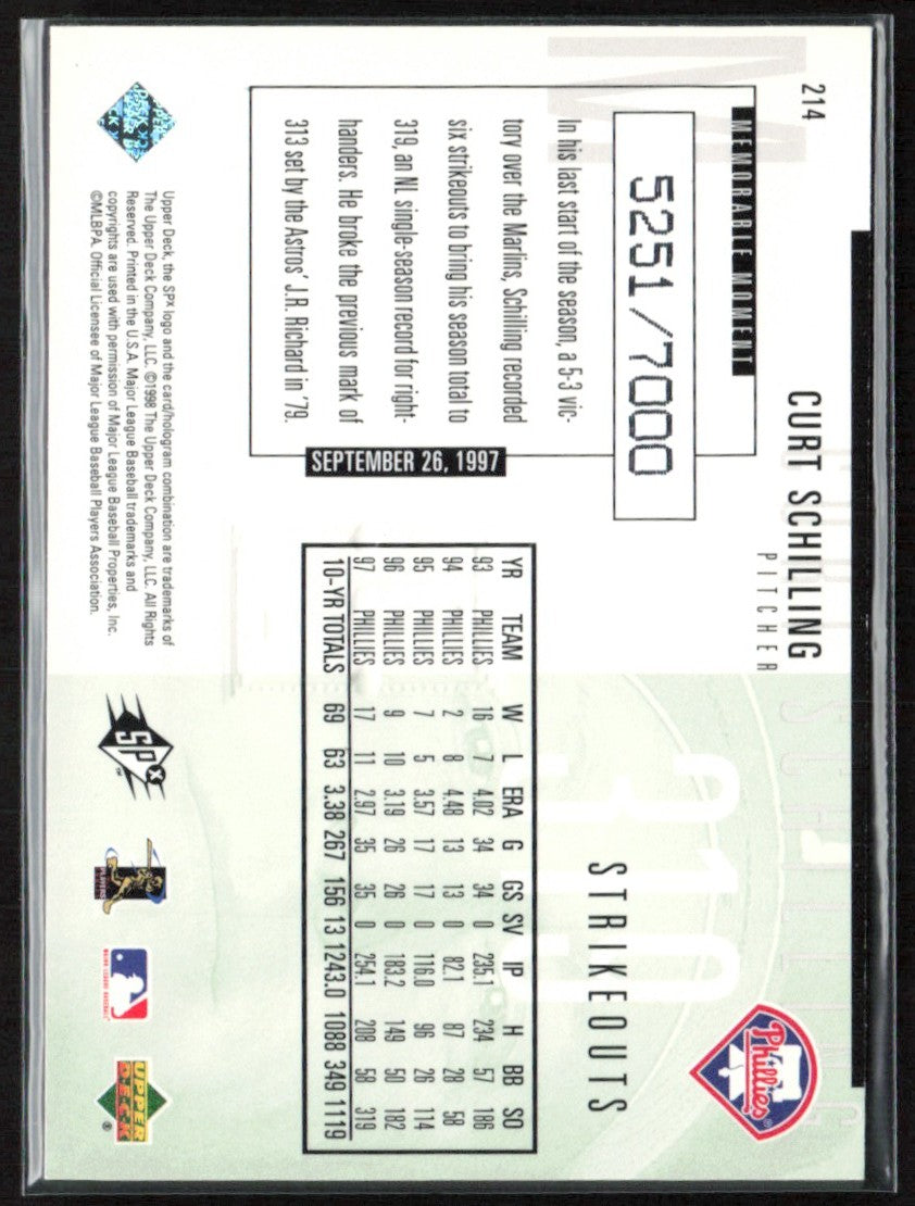 Curt Schilling 1998 SPx Finite /7000 #214 Philadelphia Phillies
