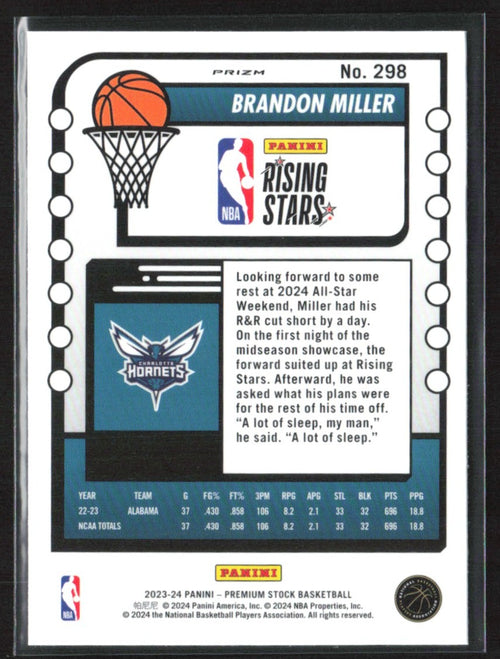 Brandon Miller 2023 Hoops Premium Stock Ice Prizm RC #298 Charlotte Hornets