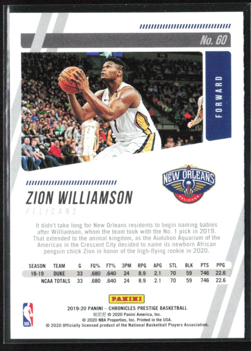 Zion Williamson 2019 Panini Chronicles Prestige Pink RC #60 New Orleans Pelicans