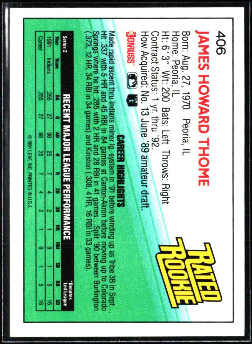 Jim Thome 1992 Donruss RC #406 Cleveland Indians
