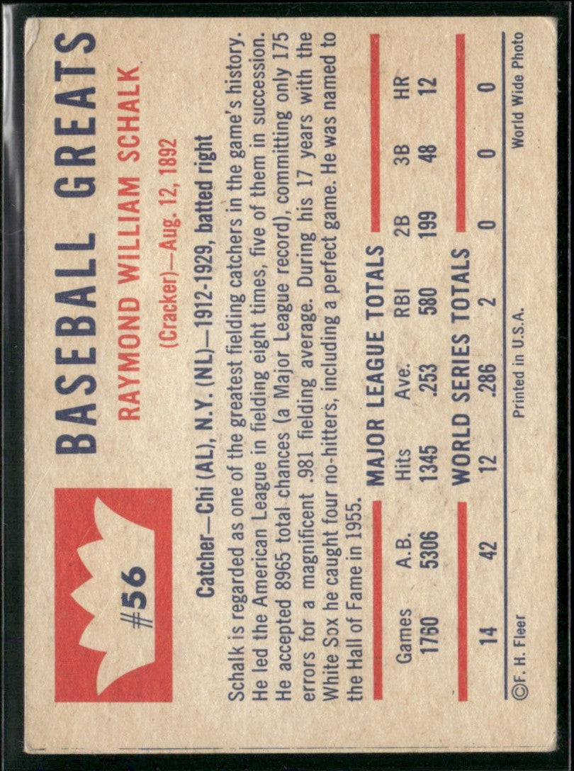Ray Schalk 1960 Fleer Baseball Greats #56 Chicago White Sox
