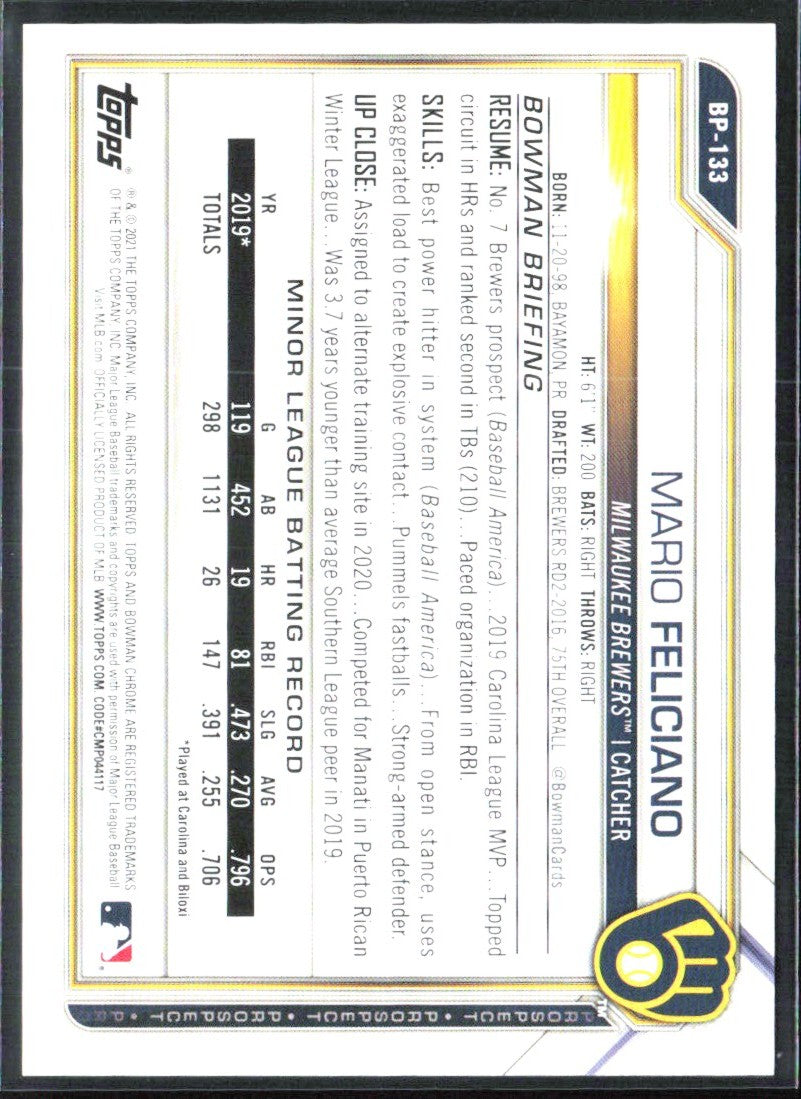 Mario Feliciano 2021 Bowman Blue Border /150 #BP-133 Milwaukee Brewers