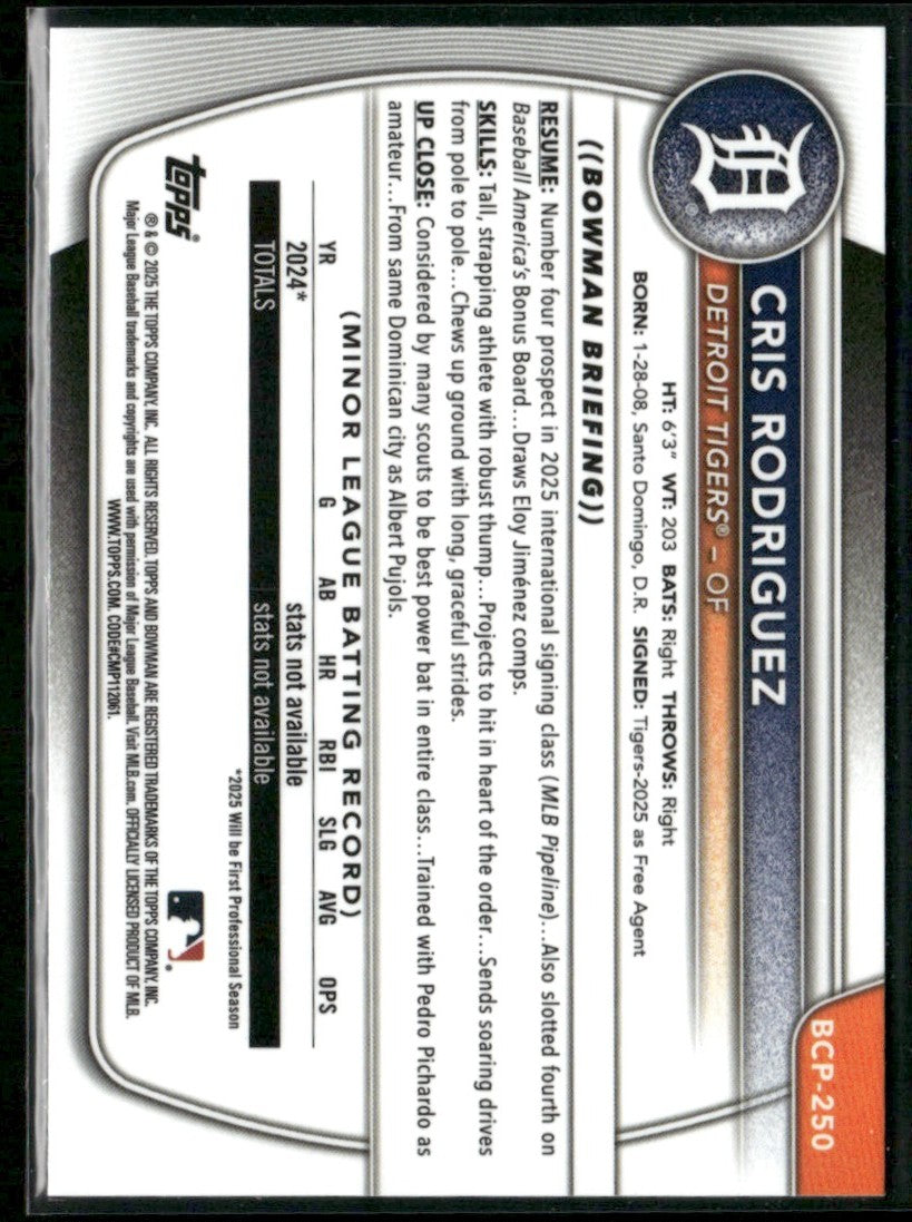 Cris Rodriguez 2025 Bowman Chrome 1st #BCP-250 Detroit Tigers