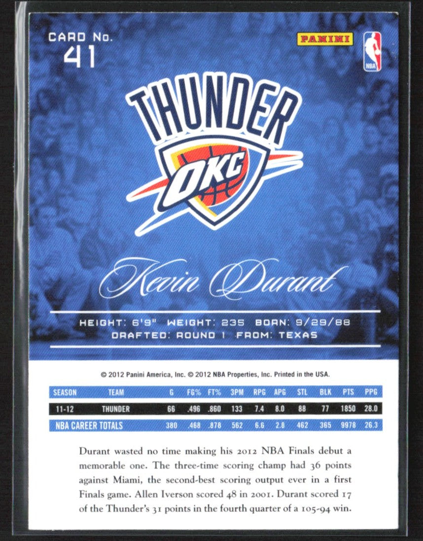 Kevin Durant 2012 Panini Prestige Starting 5 #3 Oklahoma City Thunder