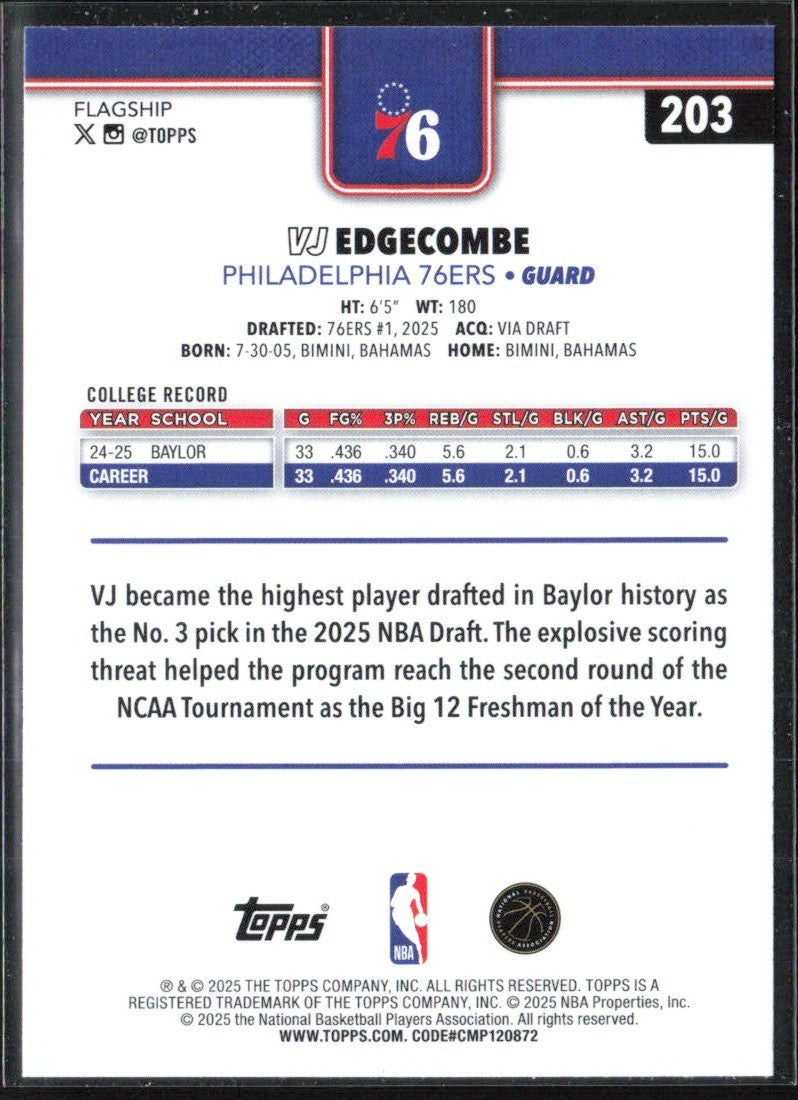 VJ Edgecombe 2025 Topps RC #203 Philadelphia 76ers