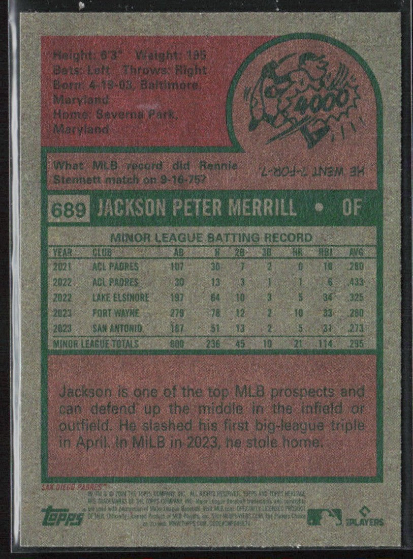Jackson Merrill 2024 Topps Heritage RC #689 San Diego Padres