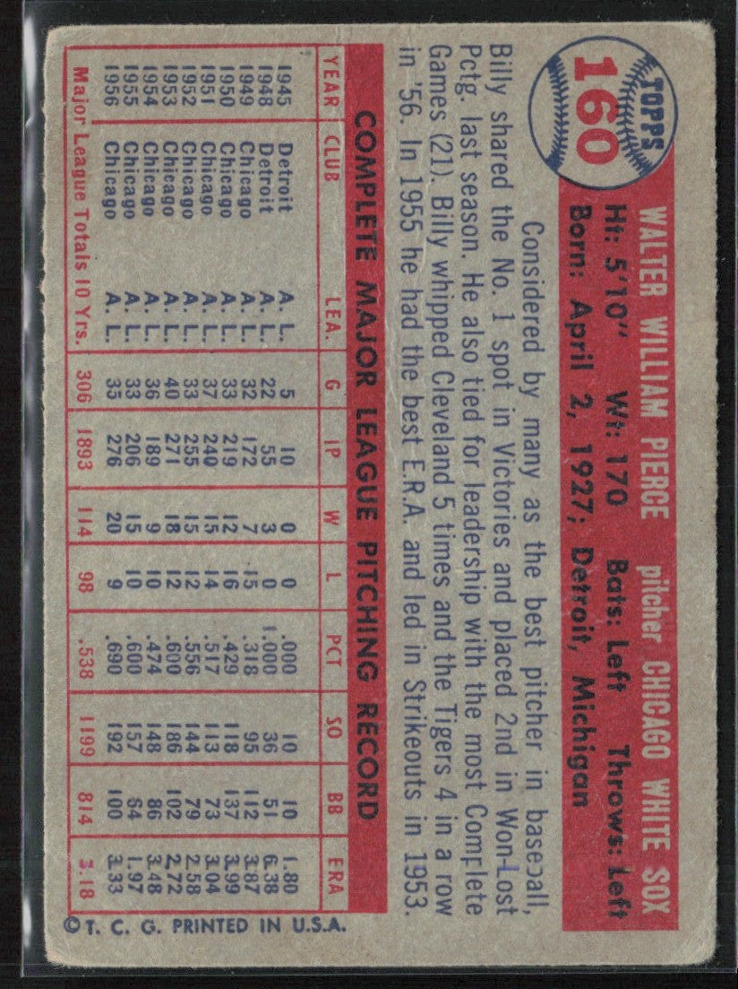 Billy Pierce 1957 Topps #160 Chicago White Sox
